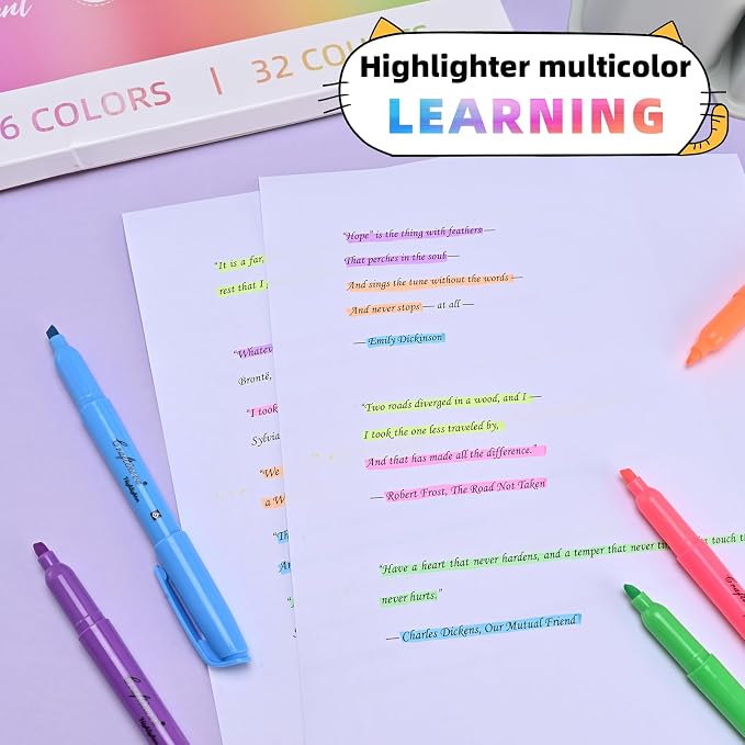 Assorted Colors Fluorescent Highlighters, 32 Count, with 120 Pcs Sticky Index Tabs, Chisel Tip Colored Highlighter Bulk, Quick Drying, Perfect for Students Adults Classroom, School, Office