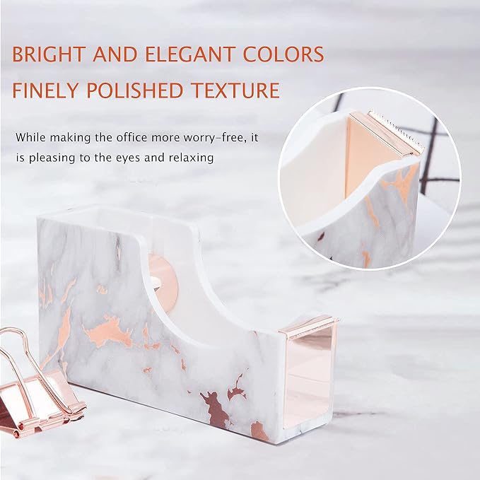 Rose Gold Marble Desk Accessories, Office Supplies Set Stapler Staple Remover, Tape Holder, Pen 2 Ballpoint Pen, Scissor, Binder Clips, Paper Clips and 1000pcs Staples