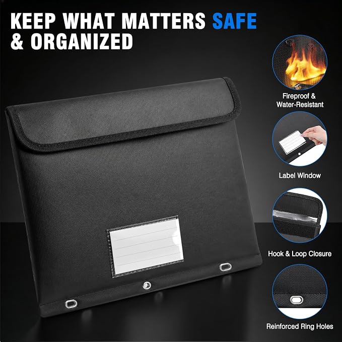 Fireproof 3 Ring Binder Pocket, Document Bag Side Loading, Black | Water Resistant,Heat Insulated,Hook&Loop Closures,Binder Folders Organizer,Safe Storage for Home Office Travel,Letter Size