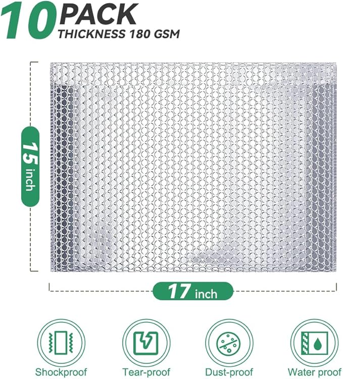 Koja Thermal Padded Bubble Mailers 10-Pack. Quality Shipping Envelopes and Bags with Extra-thick Padding. Fast and Easy Self-seal Envelope Design. (Silver, 17 X 15" 10-Pack)
