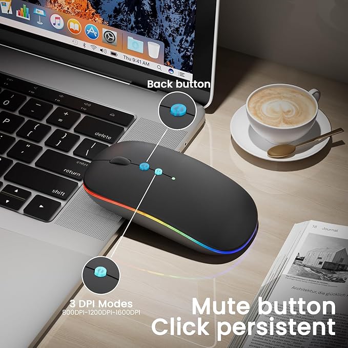 LED Wireless Mouse A100S Rechargeable Portable Silent Mouse with Optional USB and Type-C Receiver 3-Speed Adjustable DPI for PC/Mac/Laptop (Frosted Black)