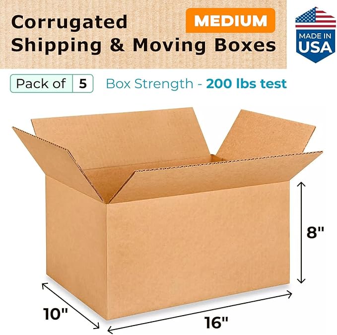 Medium Moving & Shipping Boxes 16 x 10 x 8 inches (5-Pack) - Extra Strength 200 lb vs Regular - USA-Made Corrugated Packing Boxes - Cardboard Box for Delivery - Box for Shipping by IDL Packaging