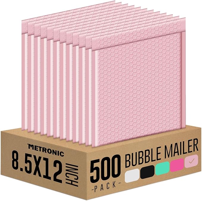 Metronic 500PC Bubble Mailers 8.5X12 Inch Light Pink Waterproof Padded Envelopes Usable Size 8.5x11 Self-Seal Cushioning Bubble Envelopes for Shipping,Jewelry Makeup Supplies, Packaging Bulk