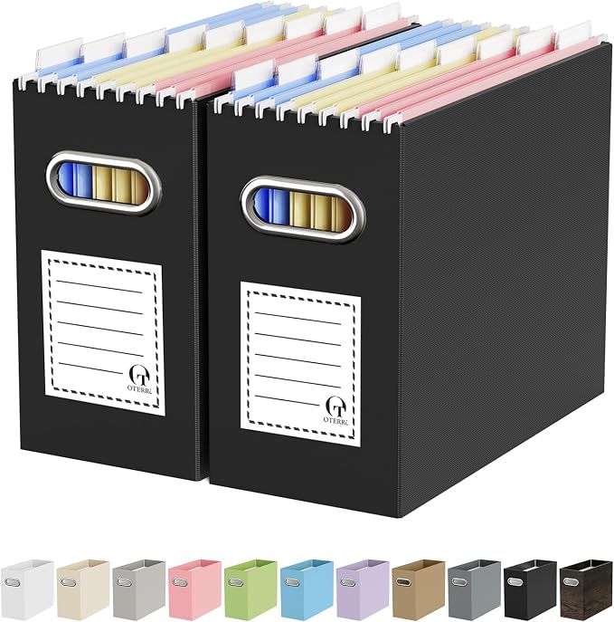 Portable Collapsible Cardboard File Box with Handle for Letter-Size | 2-Pack. Stainless Steel Handle. Label Stickers Included. Fits Letter Folders (Not Included). Home, Office, School, Dorm, Tax.