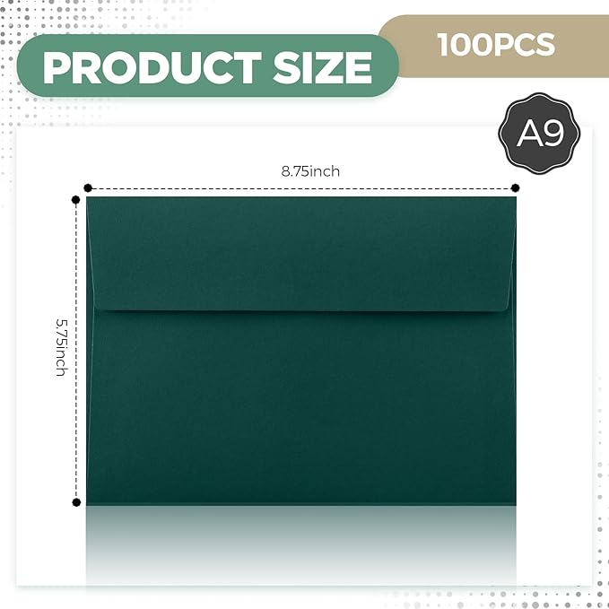 Harloon 100 Pcs A9 Invitation Envelopes 5.75 x 8.75 Inch Self Adhesive Wedding Invitation Envelopes Paper Greeting Card Envelope for Photos Letters Baby Shower Office 110 Gsm Paper(Dark Green)