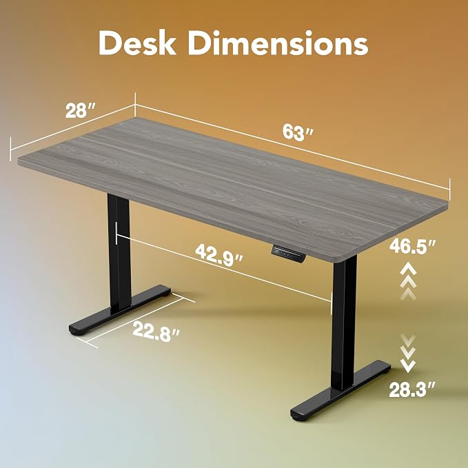 HUANUO 63x28 Inch Electric Standing Desk, Height Adjustable, Grey | 176 Lbs Capacity, Smooth Home Office Desk, 4 Memory Presets & Headphone Hooks, 28.3–46.5 Inch Height Range, Easy to assemble