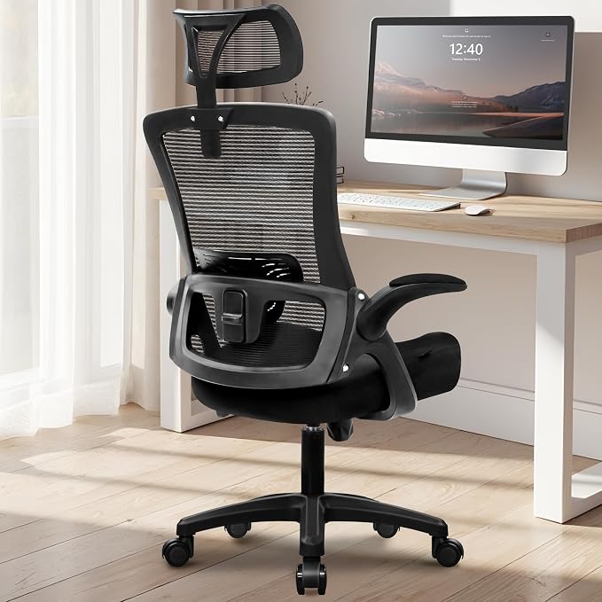 NEO CHAIR Office Desk Chair with Ergonomic High Back Headrest, Mesh Black | Adjustable Headrest and Lumbar Support with Flip-Up Armrests Designed for Extended Sitting Comfort While Saving Space
