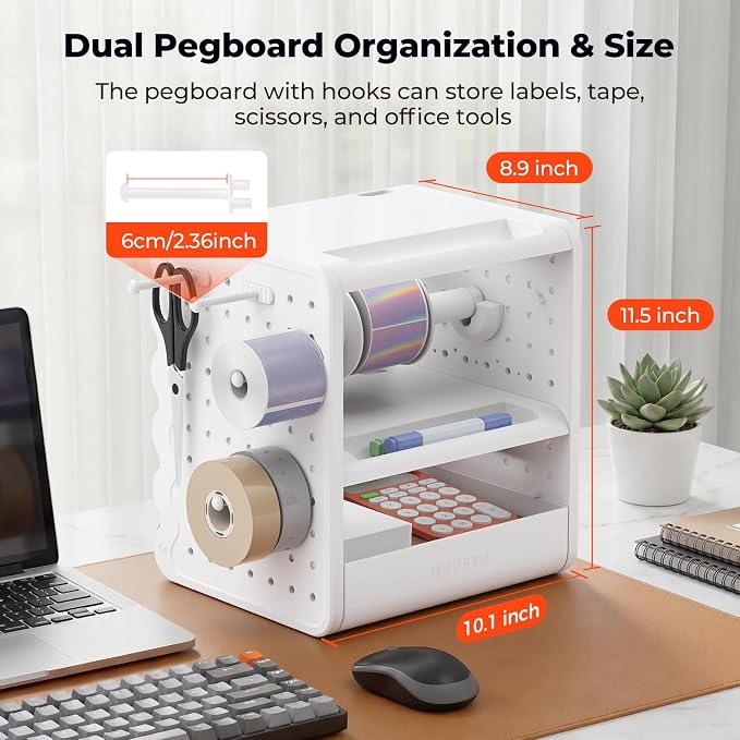 MUNBYN 4x6 Thermal Label Holder for Rolls and Fanfold Labels, ILH03 | 3-Tier Shelf, 5-in-1 Sticker Holder, Drawer, Hooks & Pegboard, For Shipping Label Printing, Office, Small Business, Home