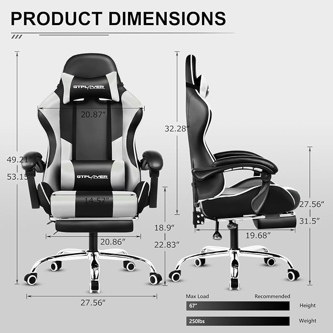 GTPLAYER Gaming Chair, Computer Chair with Footrest and Lumbar Support, Height Adjustable Game Chair with 360°-Swivel Seat and Headrest and for Office or Gaming (White)
