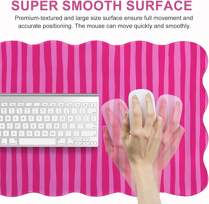 L-SPOUTTO Hot Pink Striped Mouse Pad,Scalloped Desk Mat XXL Large Geometric Gaming Mousepad,35.4x15.7in Non-Slip Rubber Base Keyboard Pad Waterproof Desktop Mat for Laptop Computer Game Home Office
