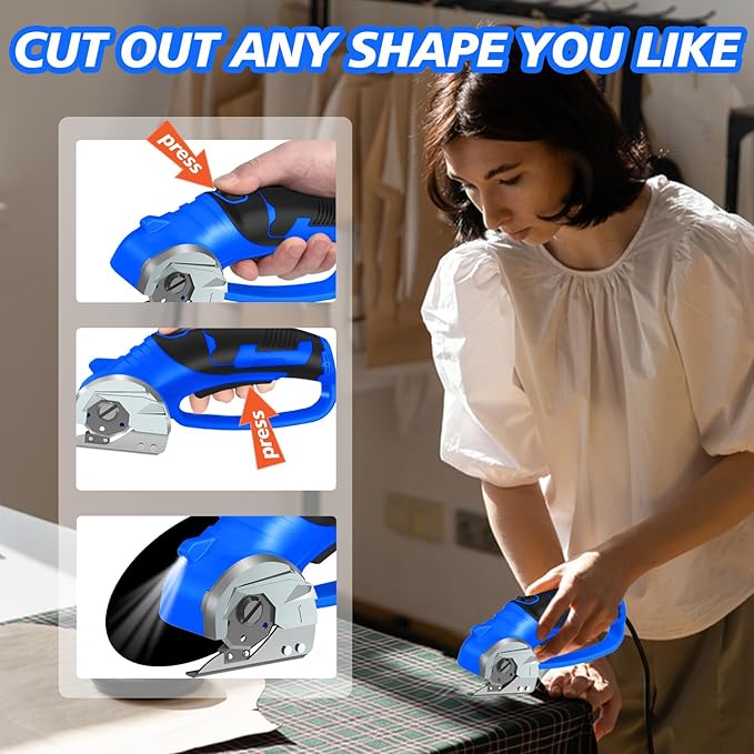Cordless Electric Scissors, 4V Rechargeable Box Cutter & Cardboard Cutter with LED Light, Safety Lock - Rotary Cutter for Fabric, Leather, Plastic, Crafting, Sewing with Storage Box(Royal Blue)