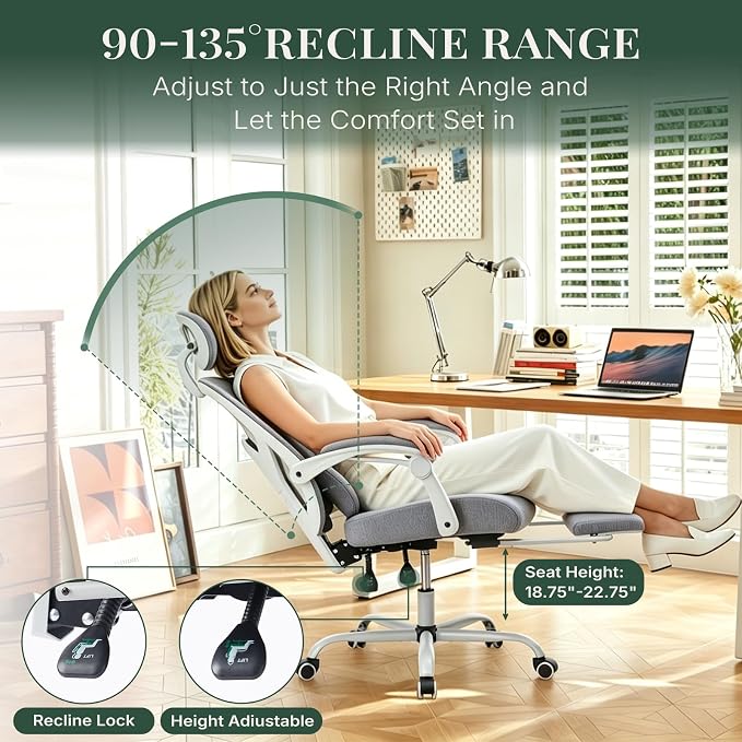 Ergonomic Office Chair with Footrest, Computer Gaming Chair | Adjustable Headrest, Lumbar Support, Swivel Reclining, Padded Armrest, Mesh High Back, Home Desk Work Study, Grey