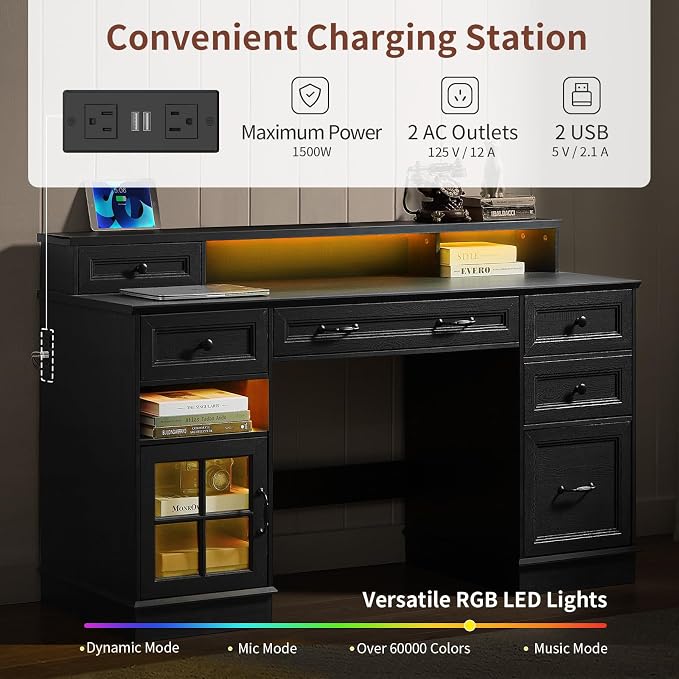 HAUOMS Farmhouse Executive Desk Computer Desk with Drawers，Black | Executive Office Desk with File Drawers, Power Outlet, Led Lights, Storage Cabinet and Monitor Shelf for Home Office