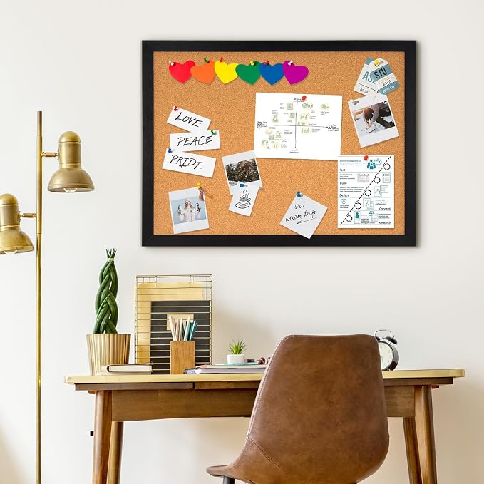 DOLLAR BOSS Cork Board for Wall 24"x18", Black Wood Framed Bulletin Board | Picture Display Pin Board, Decorative Hanging Vision Board, For Office Home School, 10 Pushpins