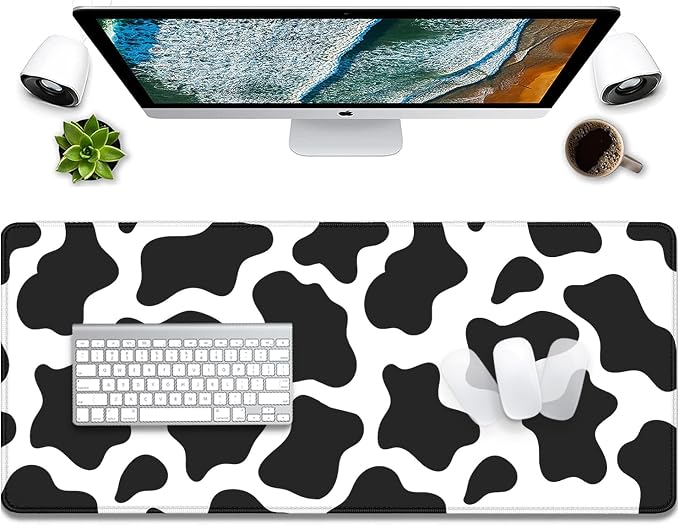 Cow Print Desktop Mouse Pad,Desk Mouse Mat with Non-Slip Stitched Edges,Desk Pad Mouse Pad for Laptop PC,Keyboard Mouse Mat Desk Pad for Home Work Office(27.5X11.8 in)