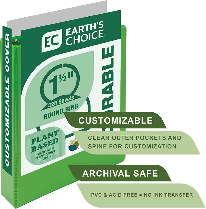 Samsill Earth’s Choice™, Durable Fashion Color 3 Ring View Binder, 1.5 Inch Round Ring, Up to 25% Plant Based Plastic, Eco-Friendly, USDA Certified Biobased, Lime Green, Value 2 Pack