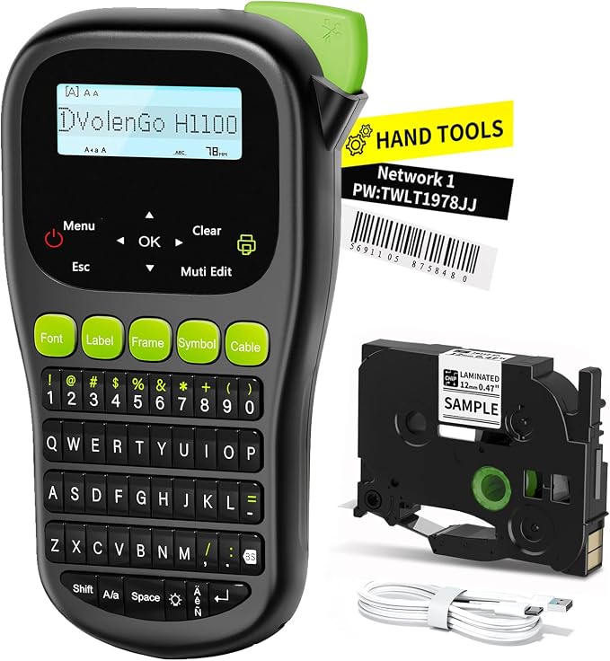 Label Maker Machine with Tape, Handheld Portable Wire Label Maker | Waterproof Labels 12mm Laminated, H1100 Labelmaker with Keyboard, Backlight & One-Touch Key, Industrial Electrical Office Use