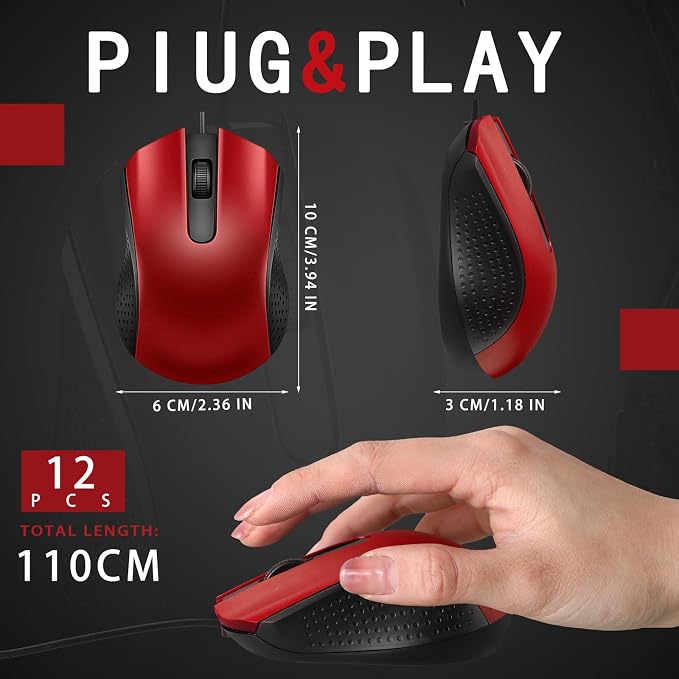 Hoteam 12 Pcs Wired Mouse Bulk, USB Ergonomic Computer Mice,Red | Plug Play USB Cord, Textured Grip for Office Gaming, Desktop Laptop Compatible, Bulk Office School Business Supply