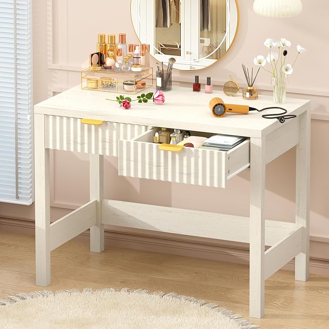 32 Inch Small Fluted Computer Desk with 2 Drawers for Bedroom, Home Office | Small Computer Desk with Storage for Bedroom, Compact Writing Study Desk for Small Spaces, White