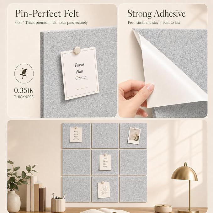 Felt Bulletin Board Tiles, Cork Board Alternative, 48 x 36 in | 0.35 in modular felt wall tiles for notes, photos, schedules, reminders in offices, classrooms, home & office workspace