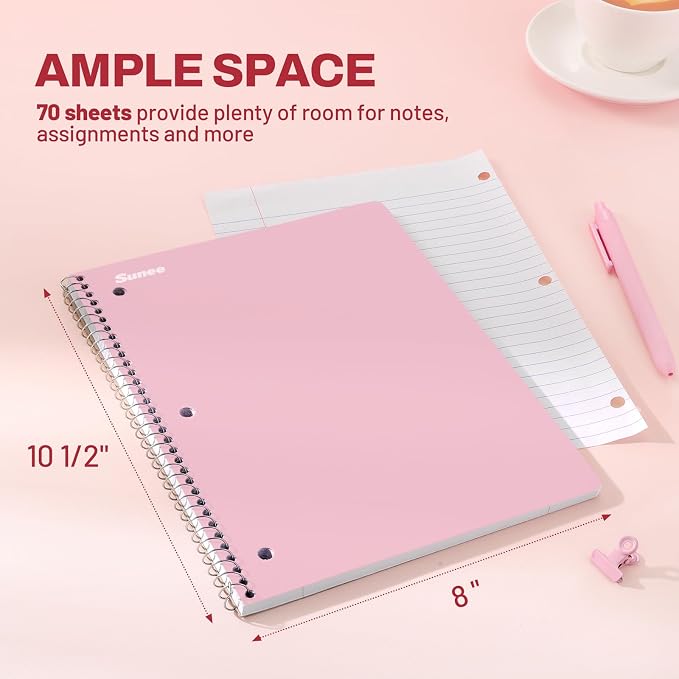 SUNEE Spiral Notebooks, 3 Pack, 1-Subject, College Ruled Paper, 8" x 10-1/2", 70 Sheets per Notebook, Assorted Pastel Colors Spiral Notebooks for School