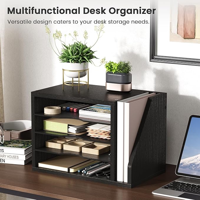 Mail Sorter, File Organizer Desktop, Wood Desk Organizer with 3 Adjustable Shelves, Mail Holder for Office, Home, Letter Sorter File Holders for Envelopes, Mail Supplies Magazines, Black