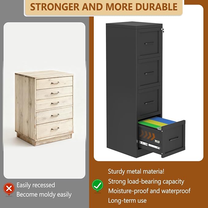 4 Drawer Metal File Cabinet with Lock,Narrow Vertical Filing Storage Cabinets,Steel File Organization for Legal/Letter/A4/F4 Size with Hanging Files,Lockable File Folders for Home Office, Black