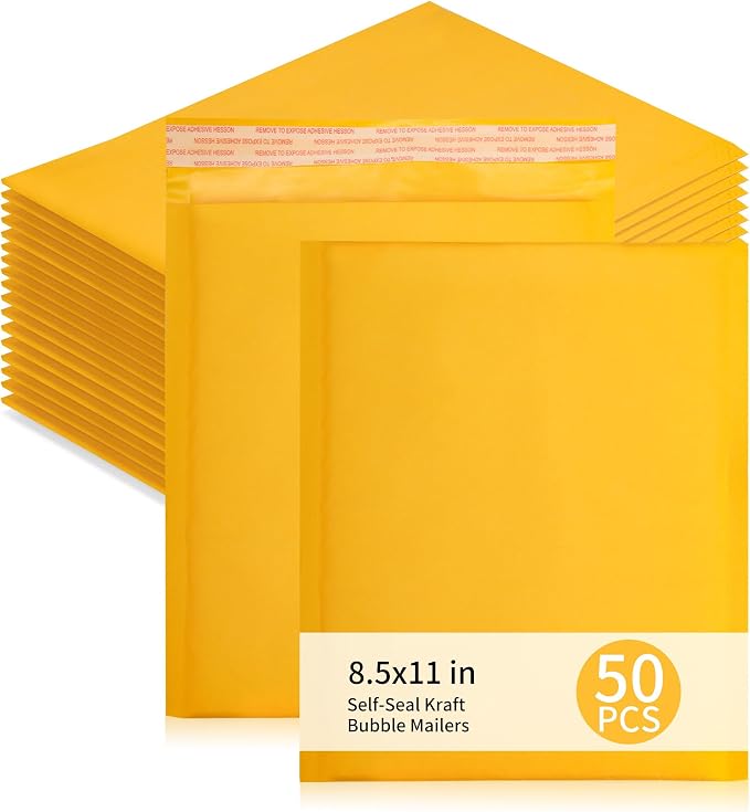 Kraft Bubble Mailers 50 Pack, 9"x12.5" External Dimension, Usable Size 8.5x11" Thick Bubble Envelopes Waterproof Cushioned Padded Mailers Shipping Packaging for Small Business Yellow #000