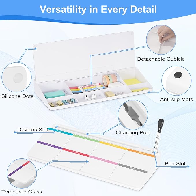 Desktop Glass Whiteboard with Storage, Weekly Calendar Desk White Board | Computer Keyboard Stand, Office Desk Organizers and Accessories with Drawer, To Do Memo Notepad, Home School Supplies