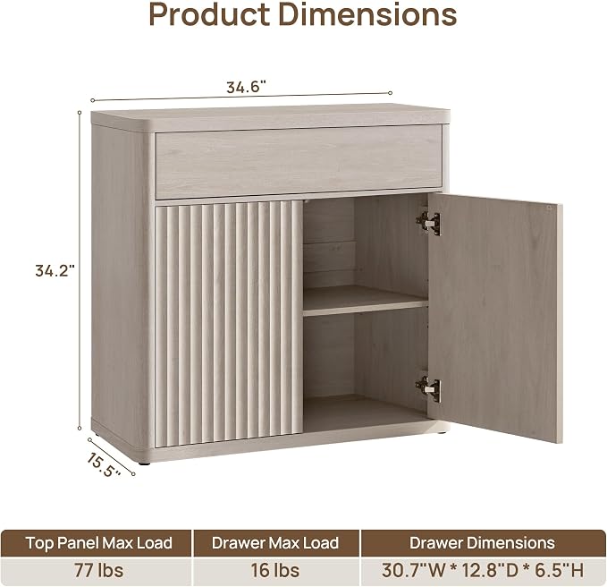 SICOTAS Buffet Cabinet with Storage - Accent Fluted Storage Cabinet with 2 Doors & 1 Drawer 34.6" Wide Modern Sideboard Credenza Large Buffet Table for Living Room Kitchen Dining Room Entryway Office