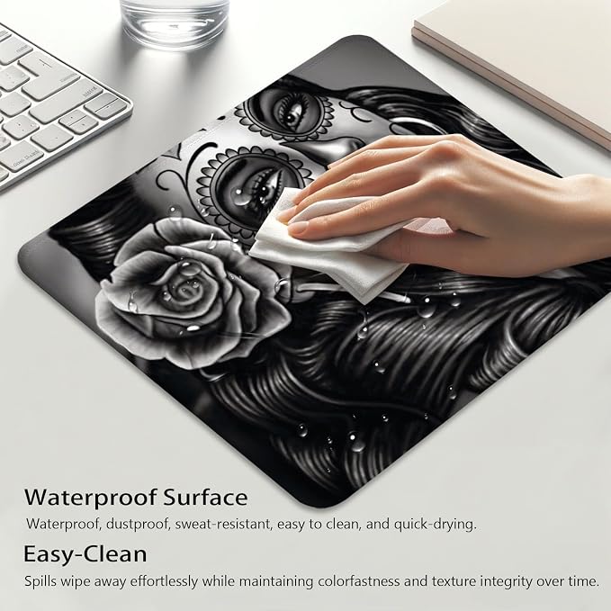 Monochrome Sugar Skull Portrait with Rose Mouse Pad, Durable Desk Mat | Cute Mousepad Stitched, Anti-Slip Base Smooth Surface, 9.5 x 7.9 Inches