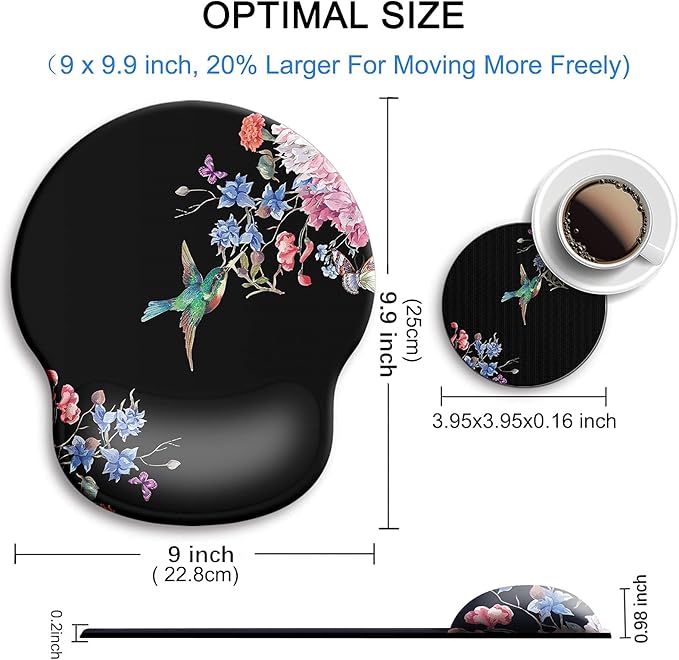 Ergonomic Mouse Pad with Wrist Support Rest,Large Mousepad Gel Wrist Rest, with Coaster Non-Slip & Pain Relief for Computer, Desk, Home&Office-Hummingbird