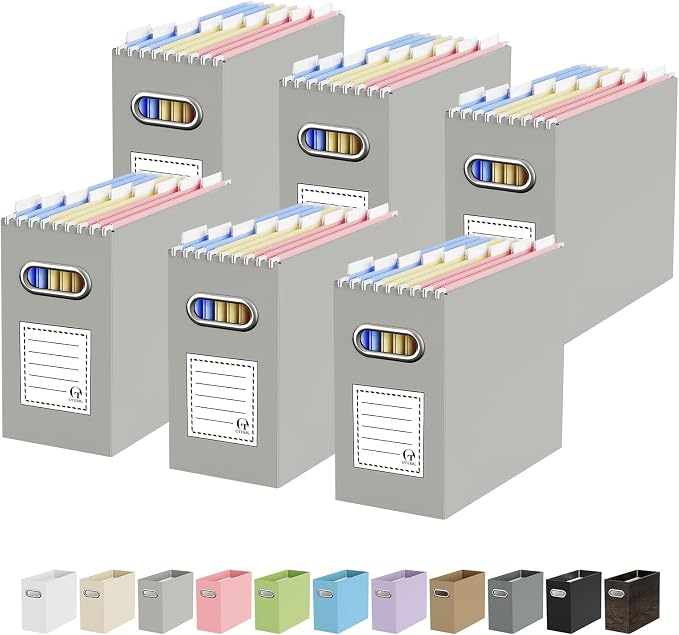 Portable Collapsible Cardboard File Box with Handle for Letter-Size | 6-Pack. Stainless Steel Handle. Label Stickers Included. Fits Letter Folders (Not Included). Home, Office, School, Dorm, Tax.
