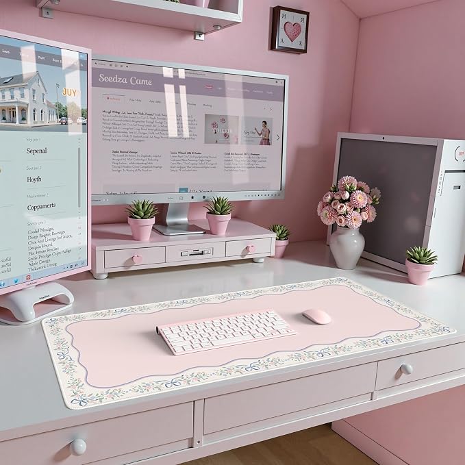 iCasso Pink Desk Mat,Cute Desk Pad for Keyboard and Mouse | Anti-Slip Large Mousepad,Soft Lycra Surface Computer Mat Women,Girly Keyboard Pad for Home Office