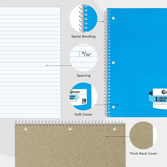 6 Pack 1 Subject Notebook College Ruled, 70 Sheets (140 Pages) | Thick No-Bleed Paper, 8 x 10-1/2", 3 Hole Punched Notebooks, Sturdy Back, College Ruled Notebook for School, Assorted Colors