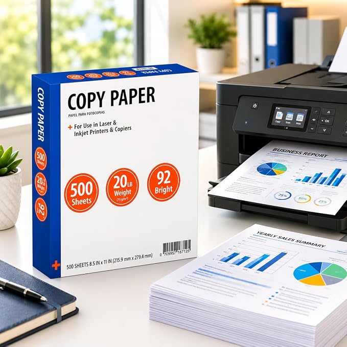 Copy Paper, 8.5" x 11", 20 lb., 92 Bright, White, 1 Ream, 500 Sheets | 1 Ream, Letter Size, 20 lb. Bond Weight, 92 Brightness, 500 Sheets per Ream