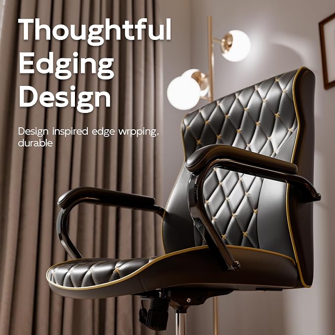 Black Office Chair, Luxury Leather Executive Desk Chair | Elegant Timeless Appeal, Vintage Mid Back Styling with Wheels and Padded Arms, Thick High Density Foam Comfort