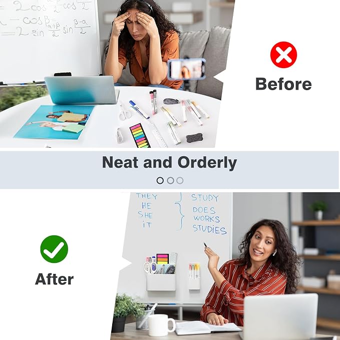 MoKo Magnetic Pen Holder Set, 3-Pack with Eraser, White | Magnetic dry erase marker holder set has one large divided organizer, two small holders and one eraser.