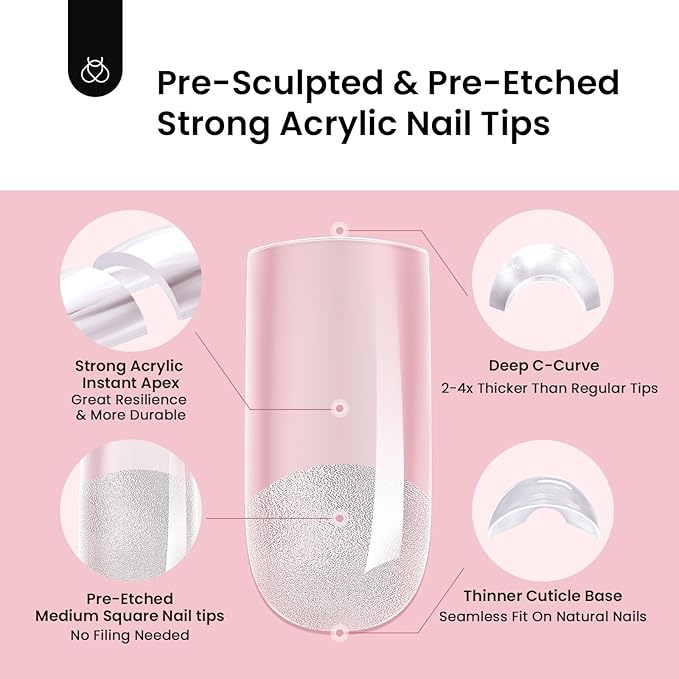 Beetles Tipex Instant Apex Nail Tips, Square Medium, 16 Sizes (00–14), 192pcs, Built-In Apex, No Builder Gel Required, Thicker Strong Acrylic Tips for DIY Nail Extensions