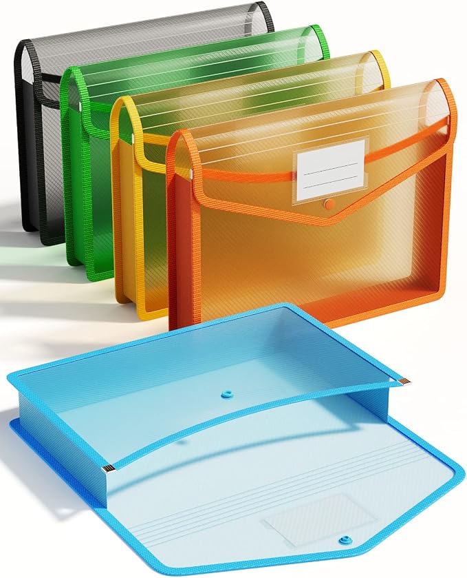 ThinkTex Plastic Expanding File Folder, Transparent Envelopes with Snap | No Dividers, Large Capacity, Assorted Colors, Fits Letter / A4 Size - 5 Pack