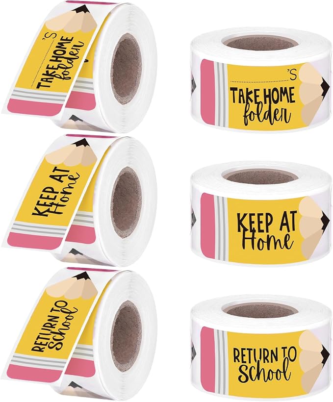 600 Pcs Take Home Return to School Labels,Pencil | 3 Rolls Thermal Printed, Student Homework Folder Stickers, Keep at Home Label, Classroom Office Organization