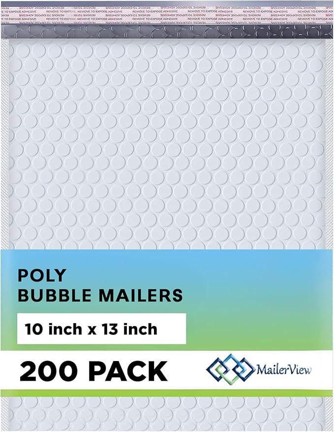 Arctic White Bubble Mailers 10x13 Self Seal Poly Padded Envelopes 200 Pack | Fits Books & Magazines, No Tape Needed, Cushioned Protection, Water-Resistant Poly, Bulk Pack for Small Business
