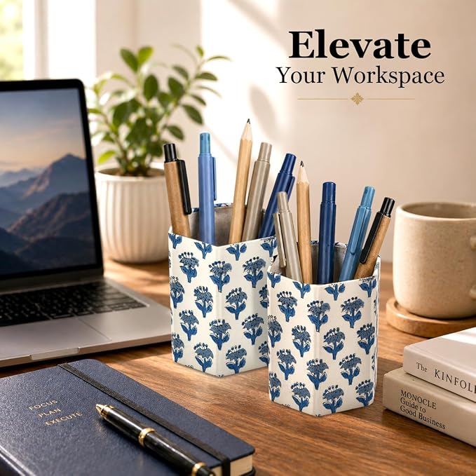 CPC Apatite Blue Block Print Cotton Pen Holder Set of 2 | Boho Makeup Brush Holder Floral Pencil Cup Girls Kids Durable Stand Desk Organizer Storage Floral Office Supplies, Classroom