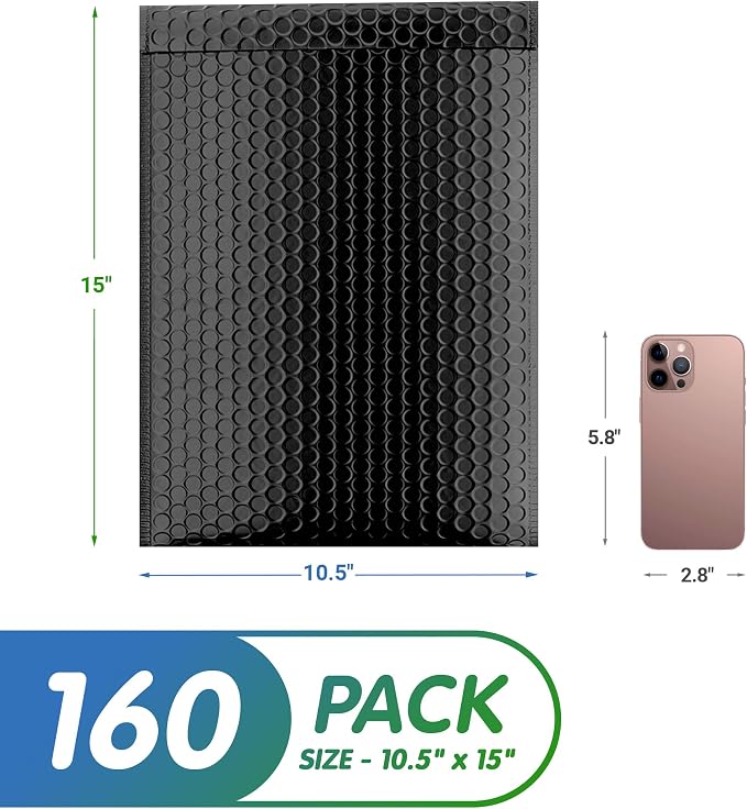 Poly Bubble Mailers, 10.5 x 15 Inch Matte Black Padded Mailers, Self Seal Shipping Envelopes, Lightweight Poly Mailer Bags, Waterproof Mailing Bags, Pack of 150