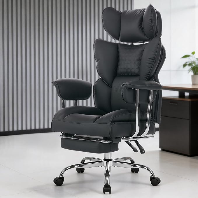 DUMOS Big and Tall Home Office Desk Chair, Executive Chair with Footrest | Ergonomic Reclining, Scratch-Resistant PU Leather, Pocket Spring Support, 400 LBS Weight Capacity, Black