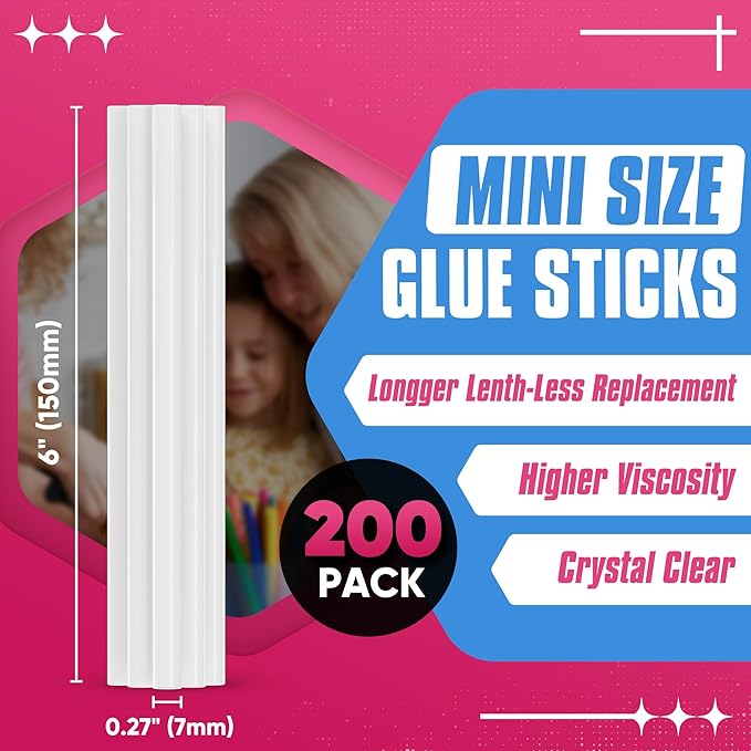 EZUVITA Mini Size Hot Glue Sticks, 0.27” Dia x 6” Long, 200-Pack Clear Hot Melt Glue Gun Sticks for All-Temp Mini Glue Guns, Multipurpose for DIY Art Craft General Repairs, Festival Decorations