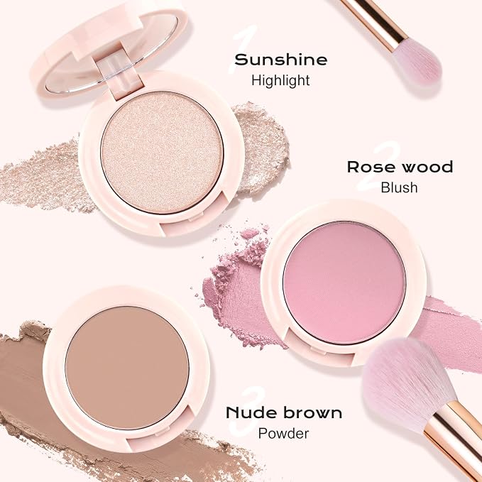 Color Nymph Blush and Highlighter Palette, 3 in 1 Contour Palette | Travel Size Makeup Kit, Long-Lasting, Lightweight & Buildable Powder for Natural Radiant Finish, Includes Brush & Mirror
