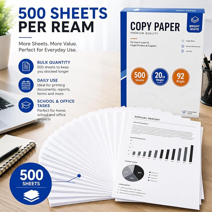 Copy Paper 8.5 x 11 Inch, 20 lb (75 GSM), 92 Bright White, 500 Sheets, Multipurpose Printer Paper for Laser & Inkjet Printers, Copier, Home, Office 1 Ream