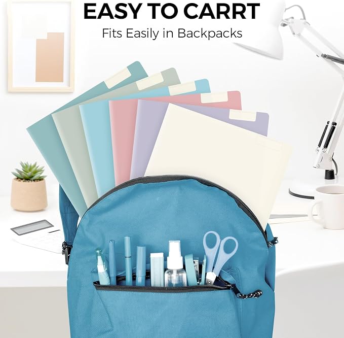 Folders with Pockets and Tabs, 6 Pack Plastic File Folders with 18 Labels, Letter Size School Folders with Pockets, Color-Coded Project Folders for School, Home and Office, Muted Tones Colors