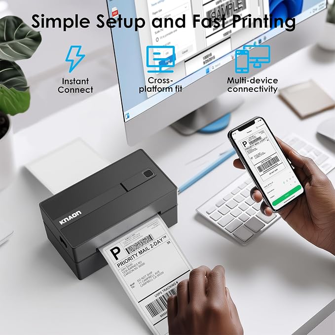 KNAON Bluetooth Thermal Shipping Label Printer 4x6 for Small Business,Black | High-Speed Thermal Label Printer, Perfect for Home, Office & Small Biz, Ideal for Etsy, Shopify, USPS,Includes 10 Test Sheets